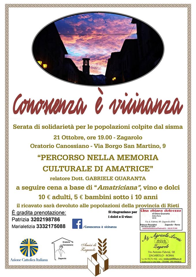 21 Ottobre –  Conoscenza è Vicinanza – Serata per Amatrice @ Oratorio Borgo San Martino