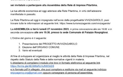 Assemblea Rete di Imprese PITARTIMA: lunedì 27 novembre 2023, ore 19.30, Palazzo Rospigliosi Zagarolo