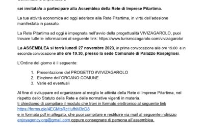Assemblea Rete di Imprese PITARTIMA: lunedì 27 novembre 2023, ore 19.30, Palazzo Rospigliosi Zagarolo
